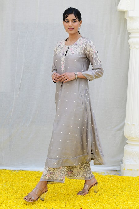 Shop_Label Niti Bothra_Grey Silk Sequins, Pearls Round Neck Banaras Embroidered Kurta And Palazzo Set _Online_at_Aza_Fashions