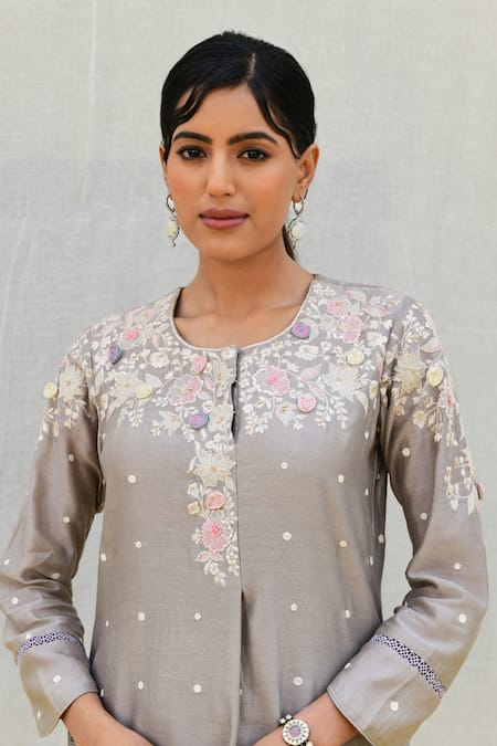 Label Niti Bothra_Grey Silk Sequins, Pearls Round Neck Banaras Embroidered Kurta And Palazzo Set _at_Aza_Fashions