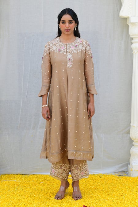 Label Niti Bothra Ivory Silk Sequins, Pearls, Embroidery Round Neck Banaras Kurta And Palazzo Set Online at Aza Fashions Label Niti Bothra_Ivory Silk Sequins, Pearls, Embroidery Round Neck Banaras Kurta And Palazzo Set _Online_at_Aza_Fashions