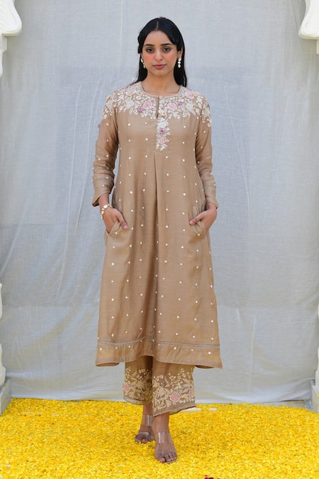 Buy Label Niti Bothra Ivory Silk Sequins, Pearls, Embroidery Round Neck Banaras Kurta And Palazzo Set Online at Aza Fashions Buy_Label Niti Bothra_Ivory Silk Sequins, Pearls, Embroidery Round Neck Banaras Kurta And Palazzo Set _Online_at_Aza_Fashions