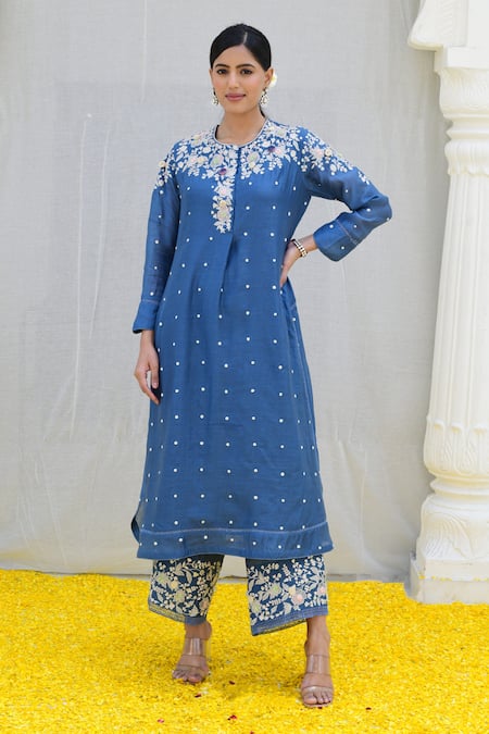 Label Niti Bothra Blue Banaras Silk Base Embroidered Resham Round Kurta And Palazzo Set