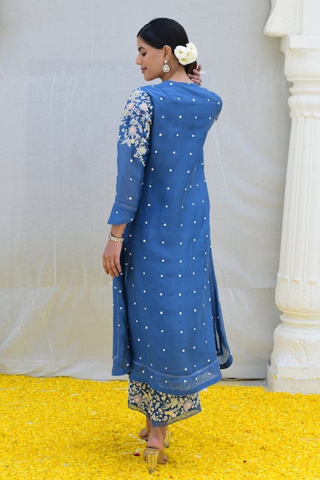 Shop Label Niti Bothra Blue Silk Sequins, Pearls, Embroidery Round Neck Banaras Kurta And Palazzo Set at Aza Fashions Shop_Label Niti Bothra_Blue Silk Sequins, Pearls, Embroidery Round Neck Banaras Kurta And Palazzo Set _at_Aza_Fashions