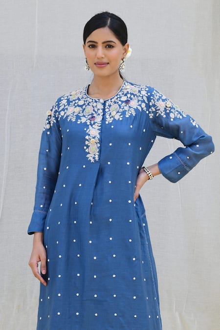 Label Niti Bothra Blue Silk Sequins, Pearls, Embroidery Round Neck Banaras Kurta And Palazzo Set Online at Aza Fashions Label Niti Bothra_Blue Silk Sequins, Pearls, Embroidery Round Neck Banaras Kurta And Palazzo Set _Online_at_Aza_Fashions