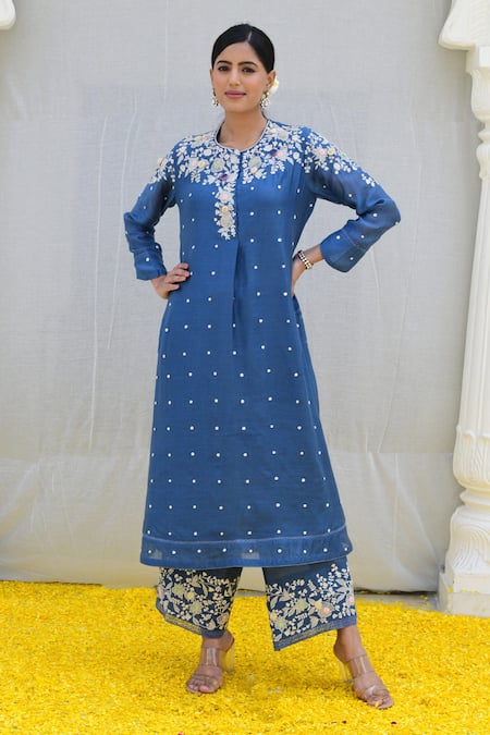 Buy Label Niti Bothra Blue Silk Sequins, Pearls, Embroidery Round Neck Banaras Kurta And Palazzo Set Online at Aza Fashions Buy_Label Niti Bothra_Blue Silk Sequins, Pearls, Embroidery Round Neck Banaras Kurta And Palazzo Set _Online_at_Aza_Fashions