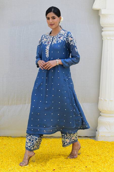 Shop Label Niti Bothra Blue Silk Sequins, Pearls, Embroidery Round Neck Banaras Kurta And Palazzo Set Online at Aza Fashions Shop_Label Niti Bothra_Blue Silk Sequins, Pearls, Embroidery Round Neck Banaras Kurta And Palazzo Set _Online_at_Aza_Fashions