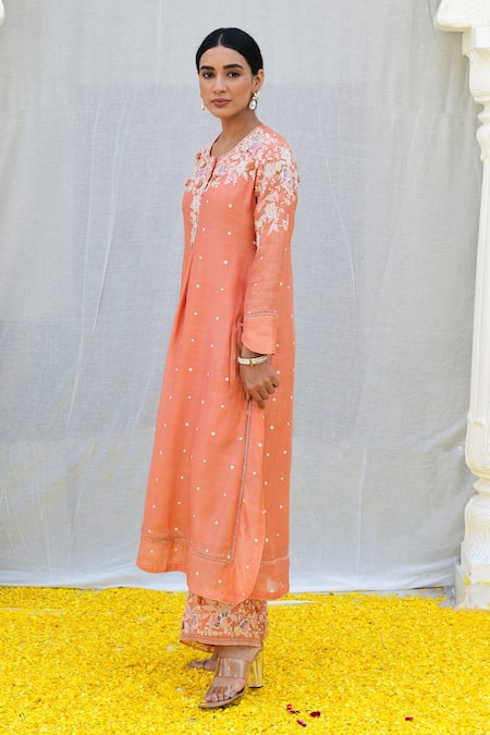 Shop_Label Niti Bothra_Peach , Chanderi Sequins, Pearls, Banaras Kurta And Palazzo Set _at_Aza_Fashions
