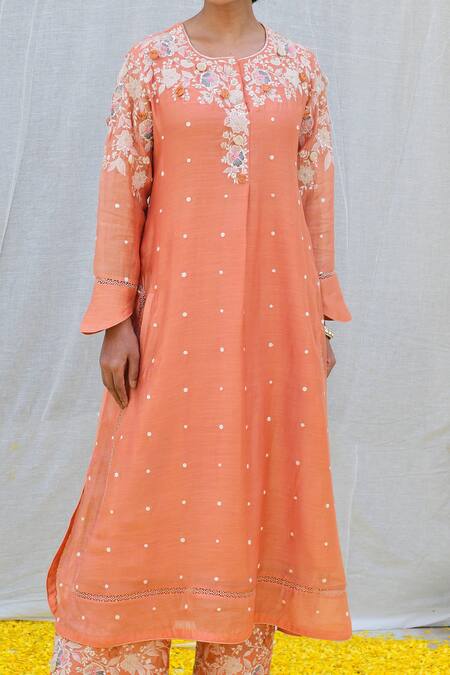 Buy_Label Niti Bothra_Peach , Chanderi Sequins, Pearls, Banaras Kurta And Palazzo Set _Online_at_Aza_Fashions