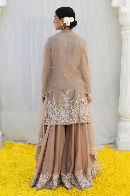 Shop_Label Niti Bothra_Ivory Silk, Chiffon Sequins, Pearls, Banaras Resham Work Kurta Sharara Set _at_Aza_Fashions