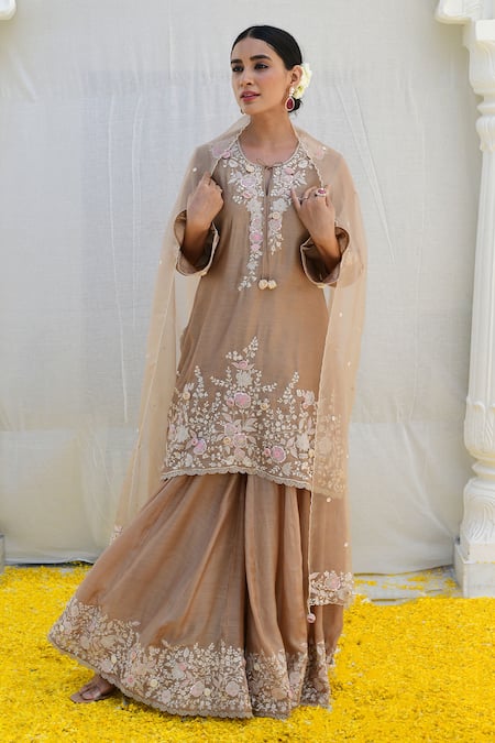 Label Niti Bothra_Ivory Silk, Chiffon Sequins, Pearls, Banaras Resham Work Kurta Sharara Set _Online_at_Aza_Fashions