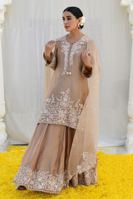 Buy_Label Niti Bothra_Ivory Silk, Chiffon Sequins, Pearls, Banaras Resham Work Kurta Sharara Set _Online_at_Aza_Fashions