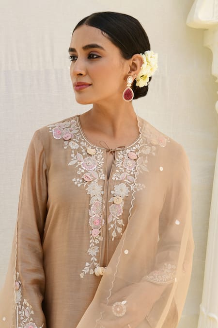 Shop_Label Niti Bothra_Ivory Silk, Chiffon Sequins, Pearls, Banaras Resham Work Kurta Sharara Set _Online_at_Aza_Fashions