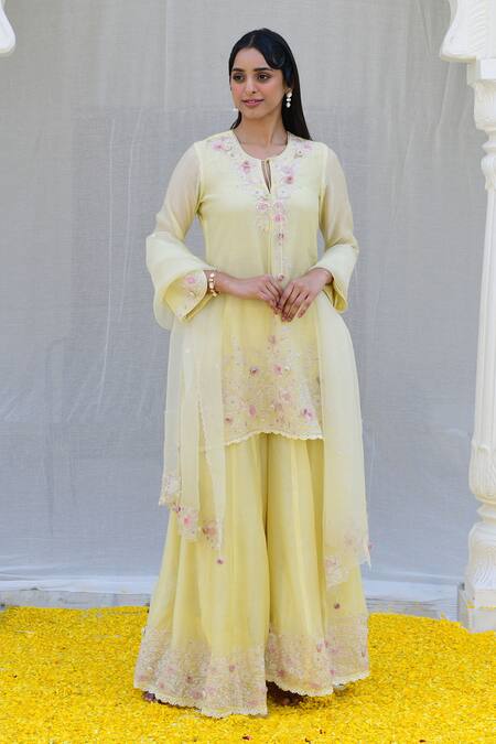 Label Niti Bothra_Yellow Silk, Cotton Sequins, Banaras Resham Embroidered Kurta Sharara Set _Online_at_Aza_Fashions