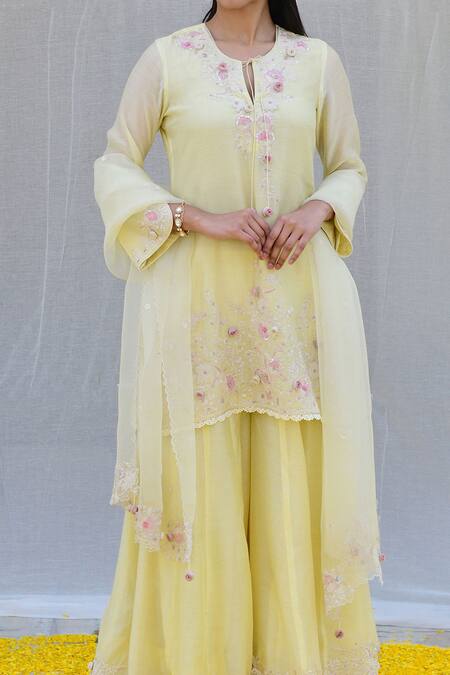 Buy Label Niti Bothra Yellow Silk, Cotton Sequins, Banaras Resham Embroidered Kurta Sharara Set Online at Aza Fashions Buy_Label Niti Bothra_Yellow Silk, Cotton Sequins, Banaras Resham Embroidered Kurta Sharara Set _Online_at_Aza_Fashions
