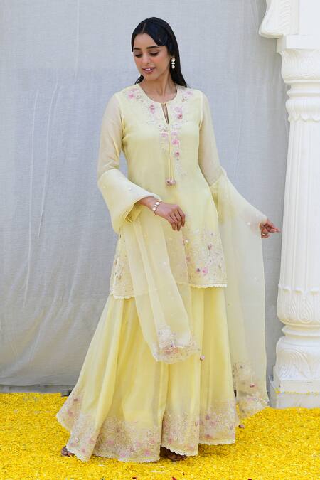 Shop_Label Niti Bothra_Yellow Silk, Cotton Sequins, Banaras Resham Embroidered Kurta Sharara Set _Online_at_Aza_Fashions