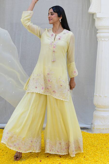 Label Niti Bothra_Yellow Silk, Cotton Sequins, Banaras Resham Embroidered Kurta Sharara Set _at_Aza_Fashions