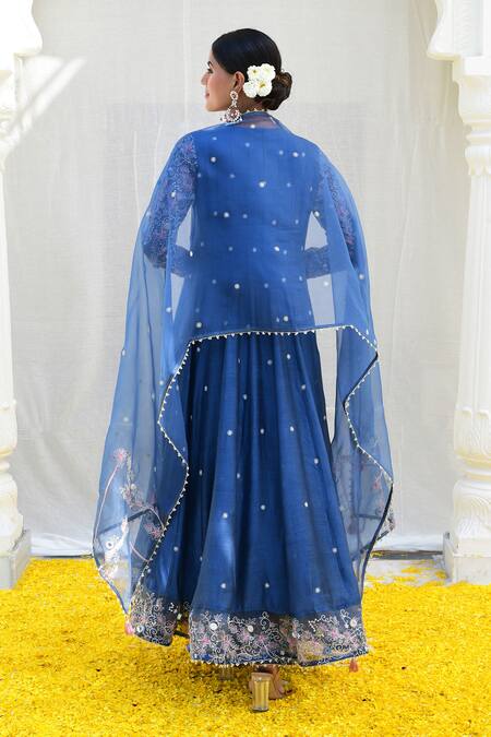Shop_Label Niti Bothra_Blue Silk, Chiffon Embroidery Split V-neck Banaras Anarkali Palazzo Set _at_Aza_Fashions