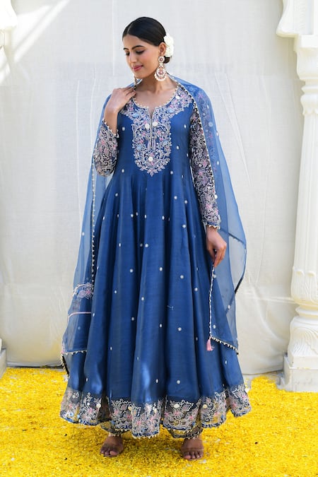 Label Niti Bothra_Blue Silk, Chiffon Embroidery Split V-neck Banaras Anarkali Palazzo Set _Online_at_Aza_Fashions