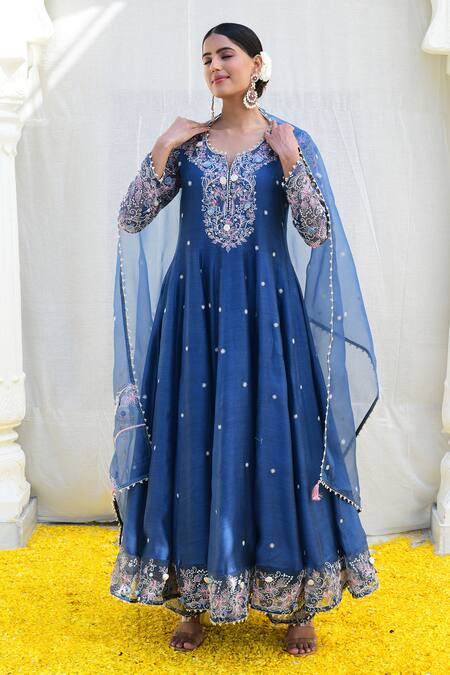 Buy_Label Niti Bothra_Blue Silk, Chiffon Embroidery Split V-neck Banaras Anarkali Palazzo Set _Online_at_Aza_Fashions