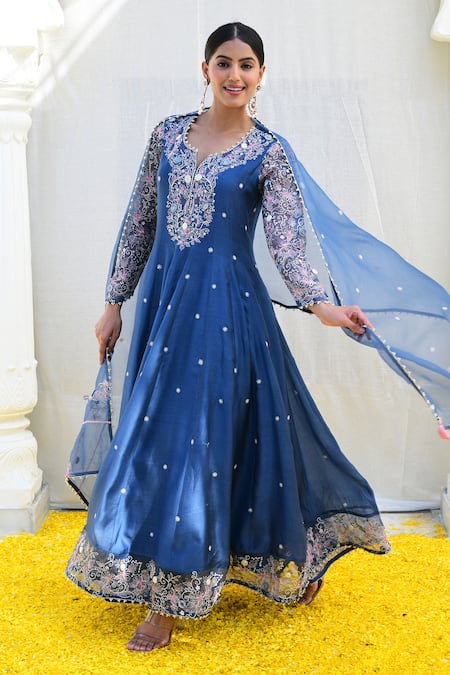 Shop_Label Niti Bothra_Blue Silk, Chiffon Embroidery Split V-neck Banaras Anarkali Palazzo Set _Online_at_Aza_Fashions