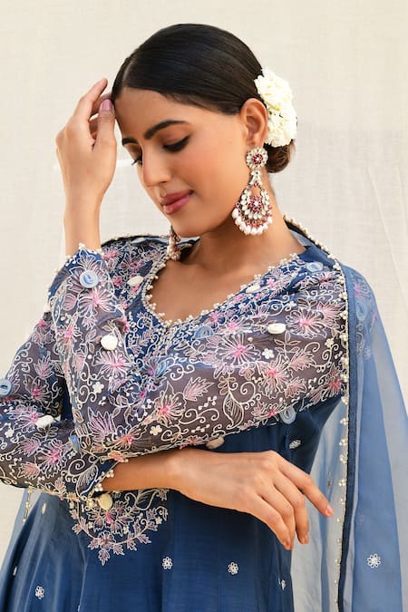 Label Niti Bothra_Blue Silk, Chiffon Embroidery Split V-neck Banaras Anarkali Palazzo Set _at_Aza_Fashions