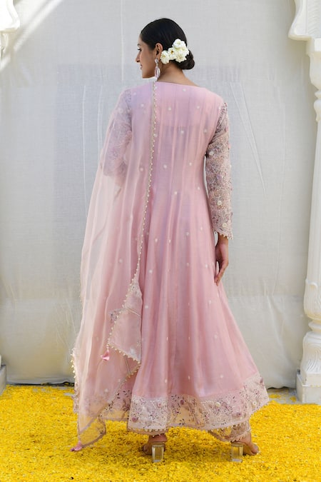 Shop Label Niti Bothra Pink Silk, Brocade, Chiffon Tassels, Embroidery Banaras Anarkali Palazzo Set at Aza Fashions Shop_Label Niti Bothra_Pink Silk, Brocade, Chiffon Tassels, Embroidery Banaras Anarkali Palazzo Set _at_Aza_Fashions