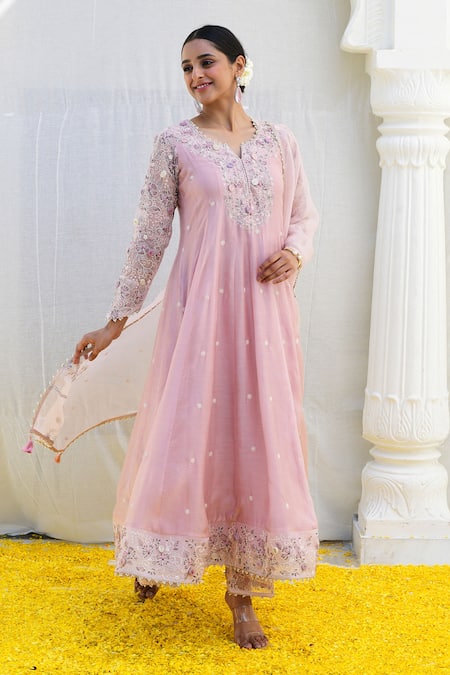 Label Niti Bothra Pink Silk, Brocade, Chiffon Tassels, Embroidery Banaras Anarkali Palazzo Set Online at Aza Fashions Label Niti Bothra_Pink Silk, Brocade, Chiffon Tassels, Embroidery Banaras Anarkali Palazzo Set _Online_at_Aza_Fashions