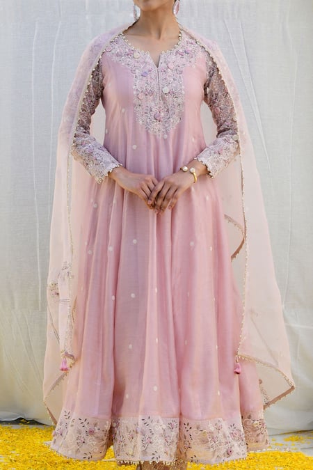 Shop Label Niti Bothra Pink Silk, Brocade, Chiffon Tassels, Embroidery Banaras Anarkali Palazzo Set Online at Aza Fashions Shop_Label Niti Bothra_Pink Silk, Brocade, Chiffon Tassels, Embroidery Banaras Anarkali Palazzo Set _Online_at_Aza_Fashions