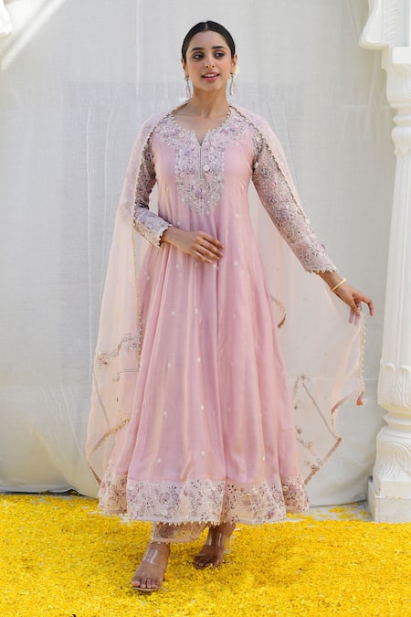 Label Niti Bothra Pink Silk, Brocade, Chiffon Tassels, Embroidery Banaras Anarkali Palazzo Set at Aza Fashions Label Niti Bothra_Pink Silk, Brocade, Chiffon Tassels, Embroidery Banaras Anarkali Palazzo Set _at_Aza_Fashions