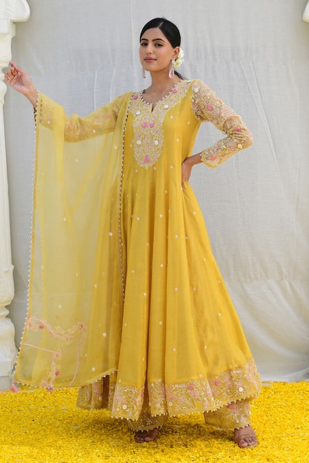 Label Niti Bothra Yellow Banaras Silk Base Embroidered Resham Notched Anarkali Palazzo Set