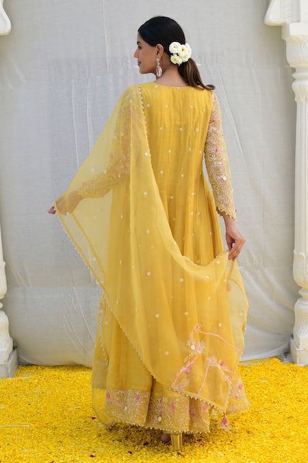 Shop_Label Niti Bothra_Yellow Silk, Chiffon Embroidery, Cut Work, Banaras Anarkali Palazzo Set _at_Aza_Fashions
