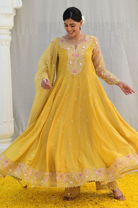 Label Niti Bothra_Yellow Silk, Chiffon Embroidery, Cut Work, Banaras Anarkali Palazzo Set _Online_at_Aza_Fashions