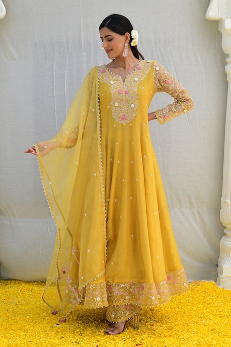 Buy_Label Niti Bothra_Yellow Silk, Chiffon Embroidery, Cut Work, Banaras Anarkali Palazzo Set _Online_at_Aza_Fashions