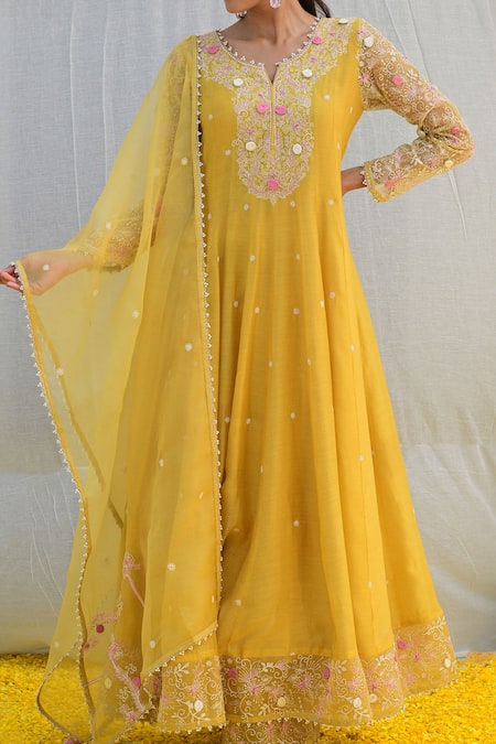 Shop_Label Niti Bothra_Yellow Silk, Chiffon Embroidery, Cut Work, Banaras Anarkali Palazzo Set _Online_at_Aza_Fashions