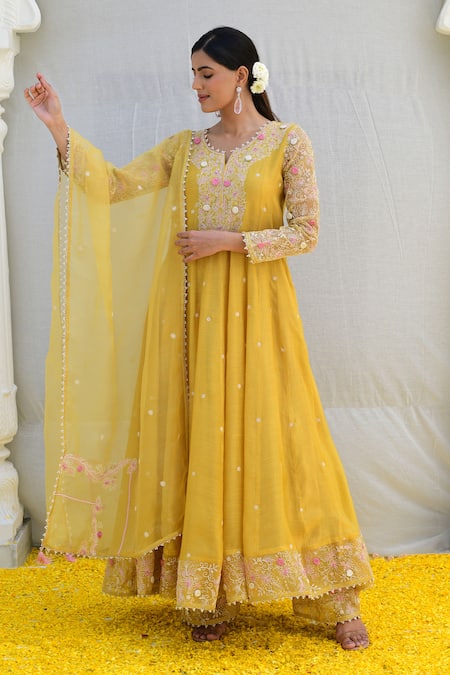 Label Niti Bothra_Yellow Silk, Chiffon Embroidery, Cut Work, Banaras Anarkali Palazzo Set _at_Aza_Fashions