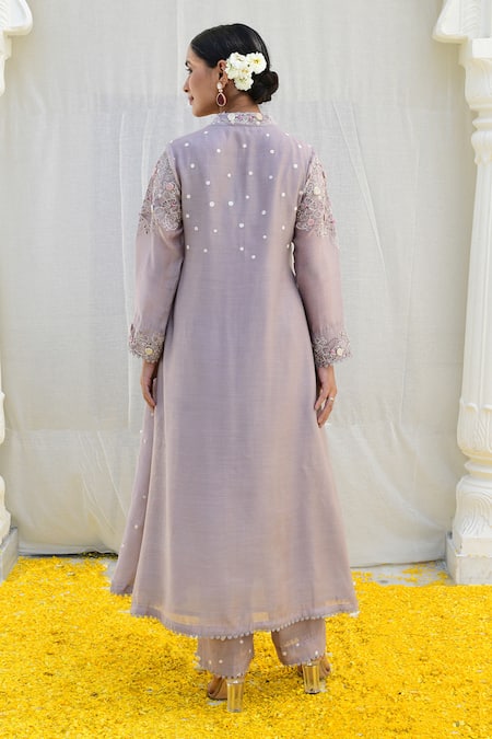 Shop_Label Niti Bothra_Grey Silk, Brocade Lace, Applique, Embroidery Banaras Kurta And Palazzo Set _at_Aza_Fashions