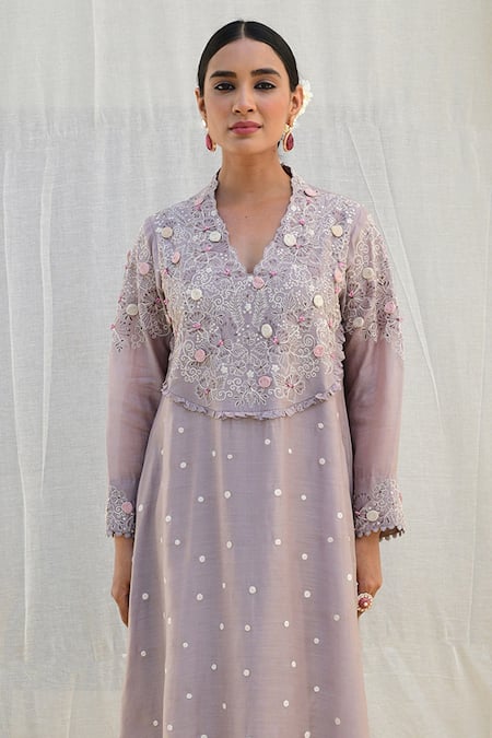 Label Niti Bothra_Grey Silk, Brocade Lace, Applique, Embroidery Banaras Kurta And Palazzo Set _Online_at_Aza_Fashions