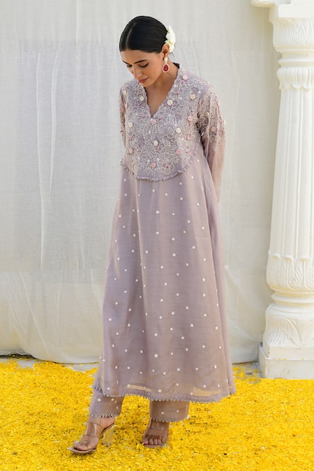 Buy_Label Niti Bothra_Grey Silk, Brocade Lace, Applique, Embroidery Banaras Kurta And Palazzo Set _Online_at_Aza_Fashions