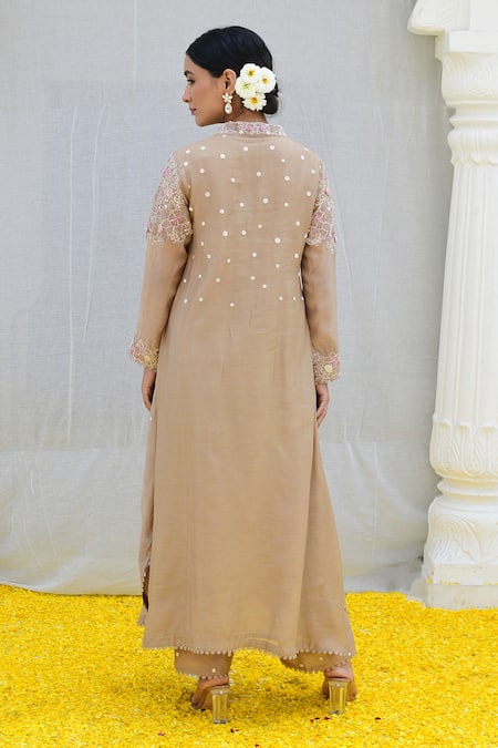 Shop_Label Niti Bothra_Ivory , Chanderi Embroidery Collared Banaras Kurta And Palazzo Set _at_Aza_Fashions