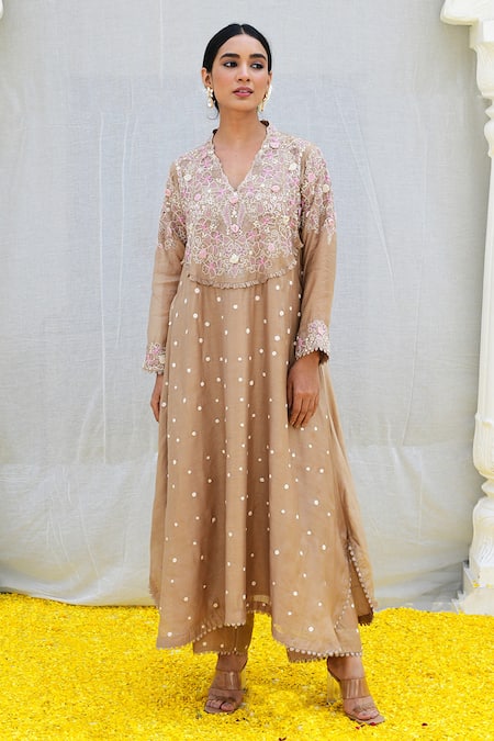 Label Niti Bothra_Ivory , Chanderi Embroidery Collared Banaras Kurta And Palazzo Set _Online_at_Aza_Fashions