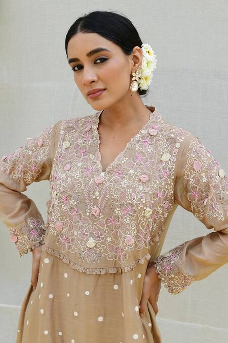 Shop_Label Niti Bothra_Ivory , Chanderi Embroidery Collared Banaras Kurta And Palazzo Set _Online_at_Aza_Fashions