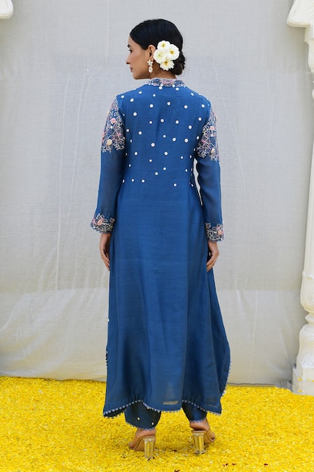 Shop_Label Niti Bothra_Blue Silk Embroidery Banaras Kurta And Palazzo Set _at_Aza_Fashions