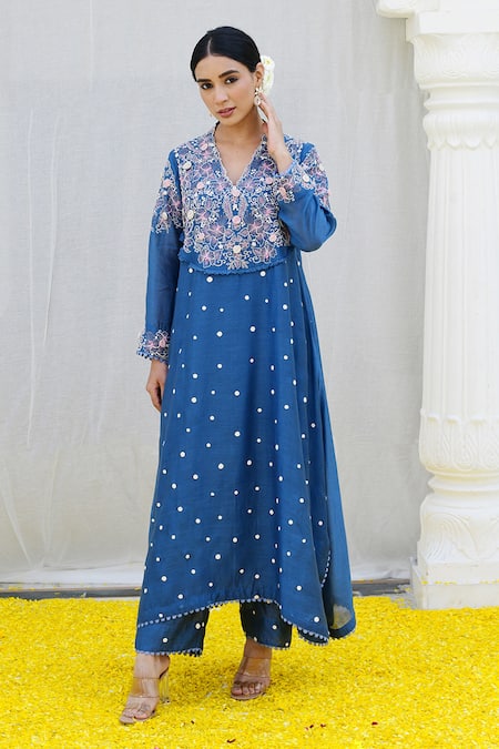 Label Niti Bothra_Blue Silk Embroidery Banaras Kurta And Palazzo Set _Online_at_Aza_Fashions