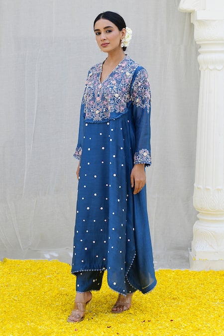 Shop_Label Niti Bothra_Blue Silk Embroidery Banaras Kurta And Palazzo Set _Online_at_Aza_Fashions