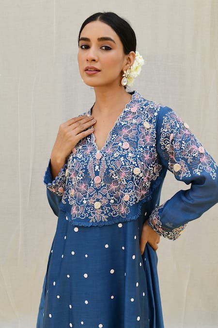 Label Niti Bothra_Blue Silk Embroidery Banaras Kurta And Palazzo Set _at_Aza_Fashions