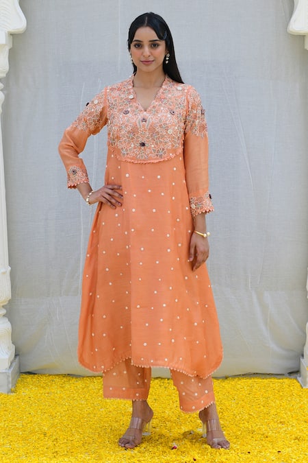 Label Niti Bothra Peach Banaras Silk Base Embroidered Resham Cutwork Kurta And Palazzo Set