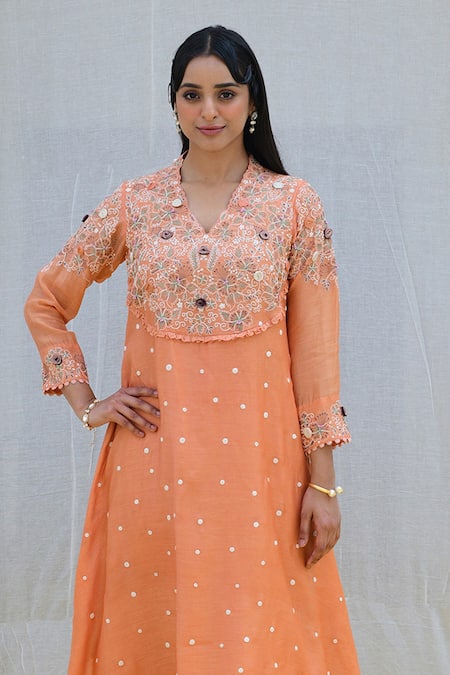 Label Niti Bothra_Peach Silk Embroidery Banaras Kurta And Palazzo Set _Online_at_Aza_Fashions