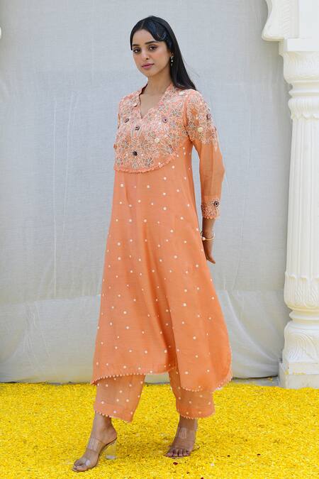 Buy_Label Niti Bothra_Peach Silk Embroidery Banaras Kurta And Palazzo Set _Online_at_Aza_Fashions