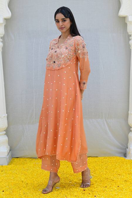 Shop_Label Niti Bothra_Peach Silk Embroidery Banaras Kurta And Palazzo Set _Online_at_Aza_Fashions