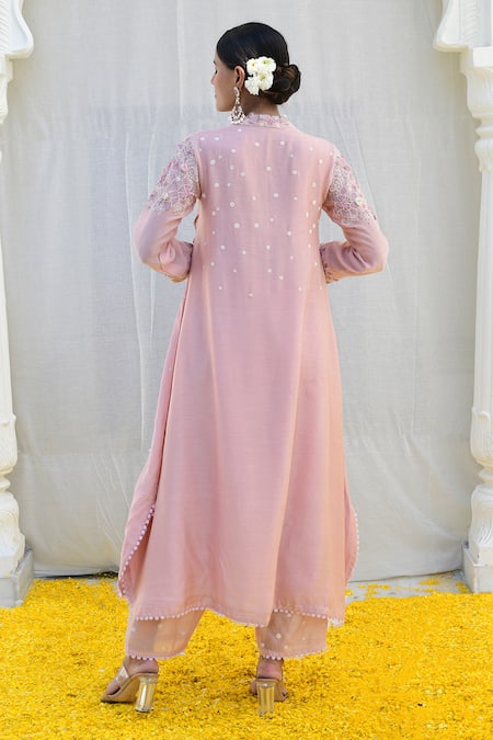 Shop Label Niti Bothra Pink Silk Embroidery, Applique Collared Banaras Kurta And Palazzo Set at Aza Fashions Shop_Label Niti Bothra_Pink Silk Embroidery, Applique Collared Banaras Kurta And Palazzo Set _at_Aza_Fashions