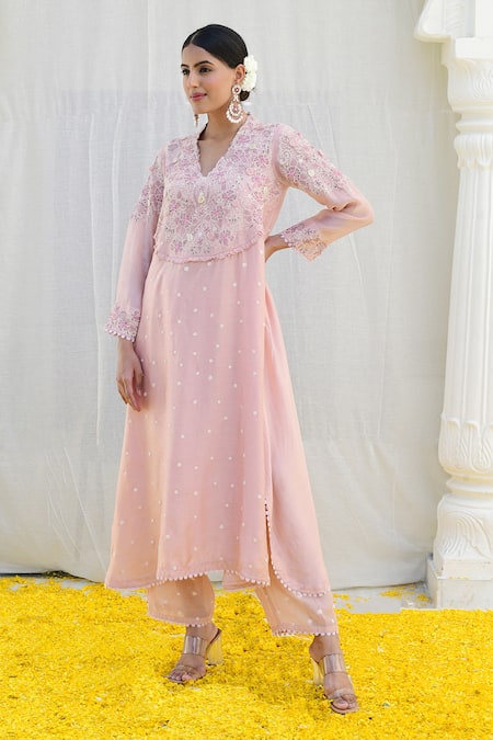 Label Niti Bothra Pink Silk Embroidery, Applique Collared Banaras Kurta And Palazzo Set Online at Aza Fashions Label Niti Bothra_Pink Silk Embroidery, Applique Collared Banaras Kurta And Palazzo Set _Online_at_Aza_Fashions